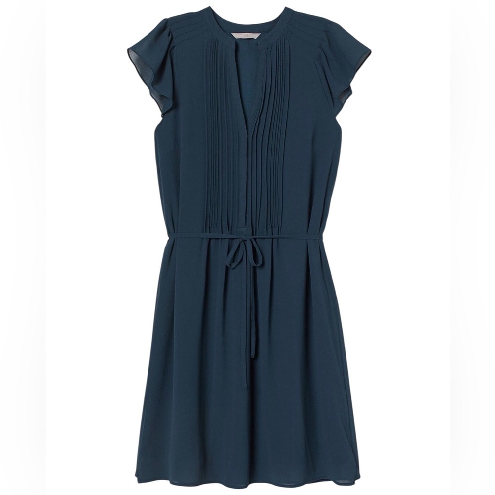 H&M Navy Blue (Petrol) Chiffon Short Sleeve Tie Belt Mini Dress XXL